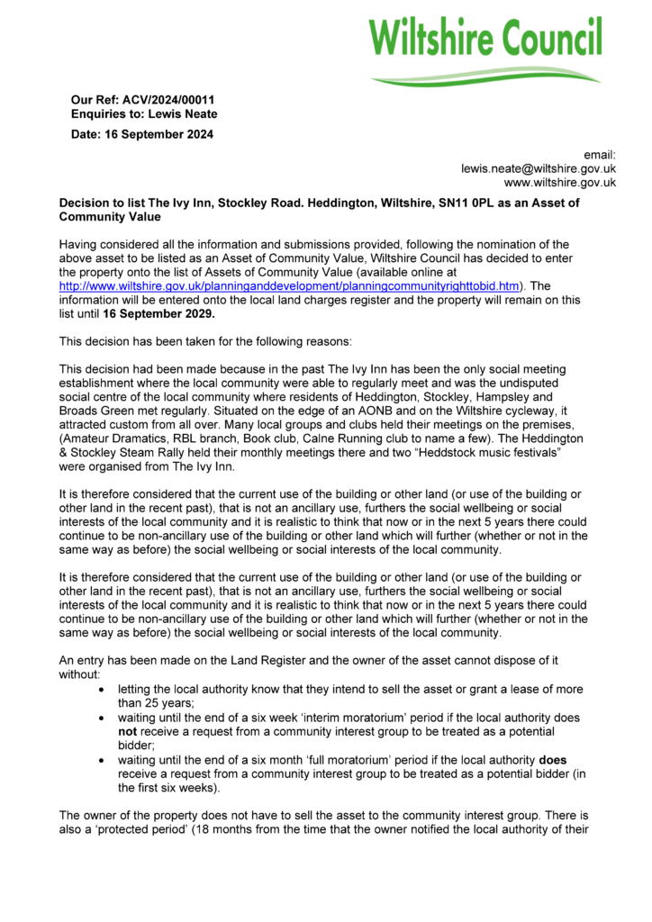 Wiltshire Council ACV decision letter p1